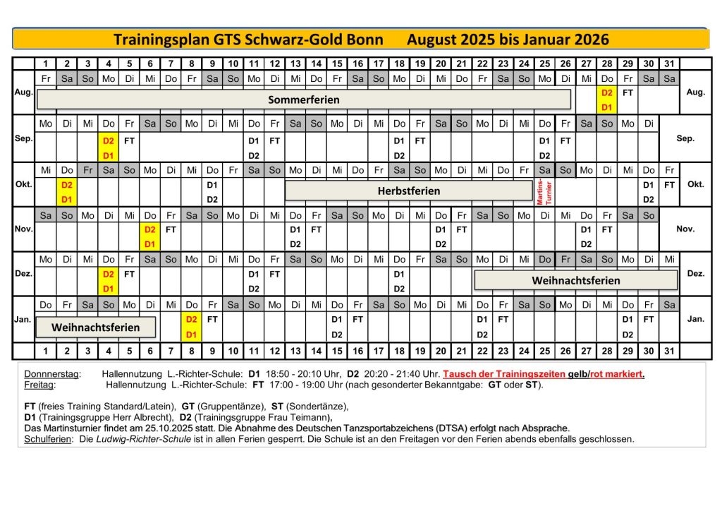 Trainingsplan GTS Schwarz-Gold Bonn August bis Januar