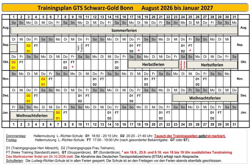 Trainingsplan GTS Schwarz-Gold Bonn August 2026 - Jan. 2027
